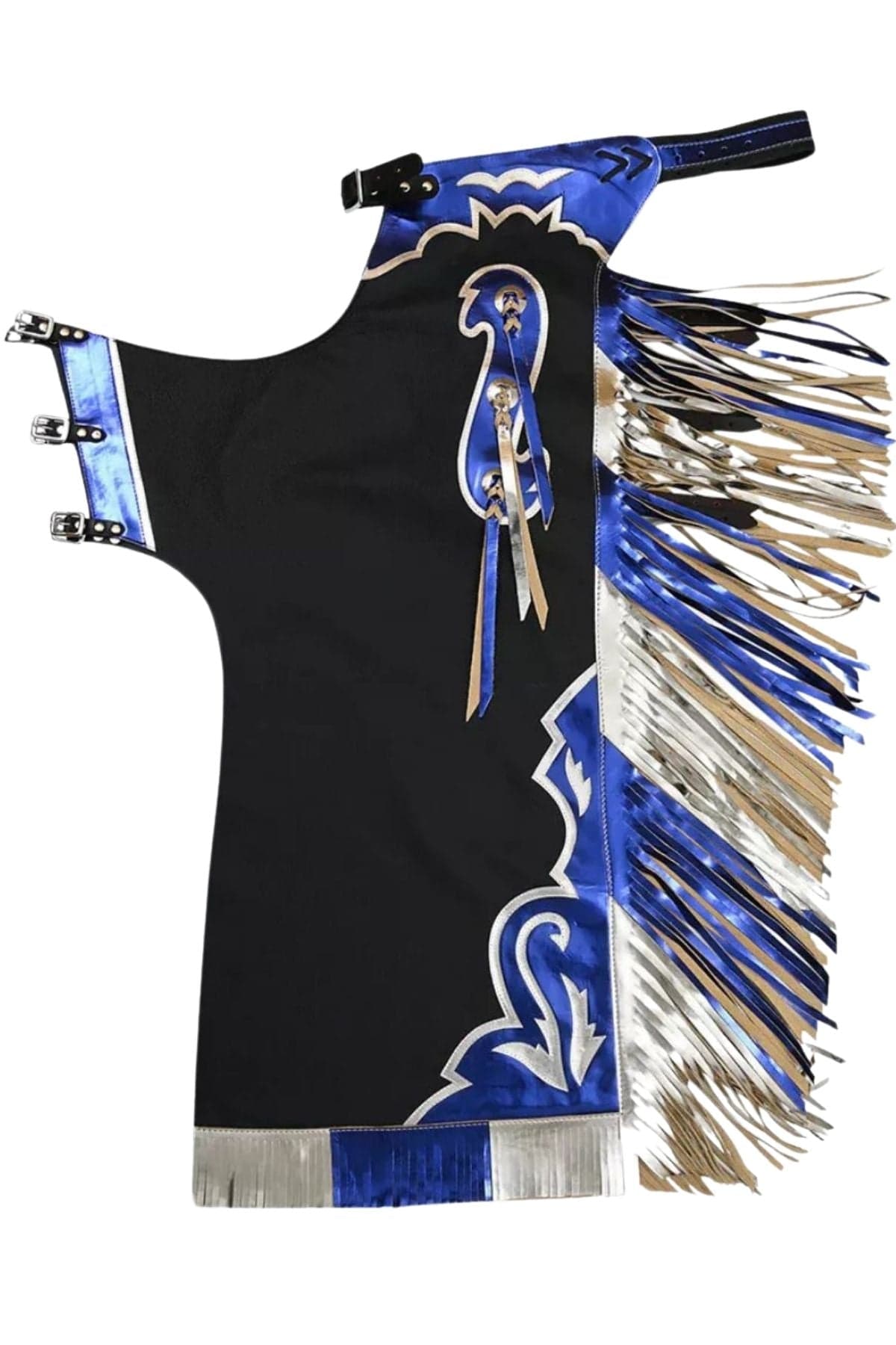 Black Rodeo Chaps with Blue & Silver Fringe