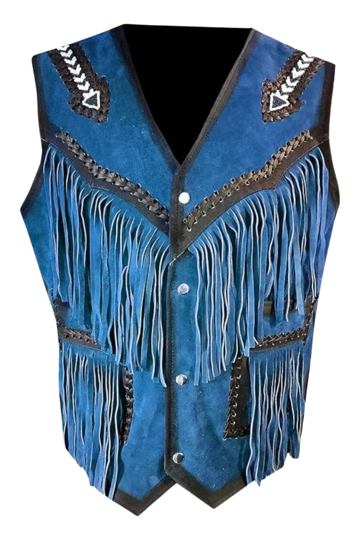 Blue Tribal Inspired Western Leather Fringe Vest