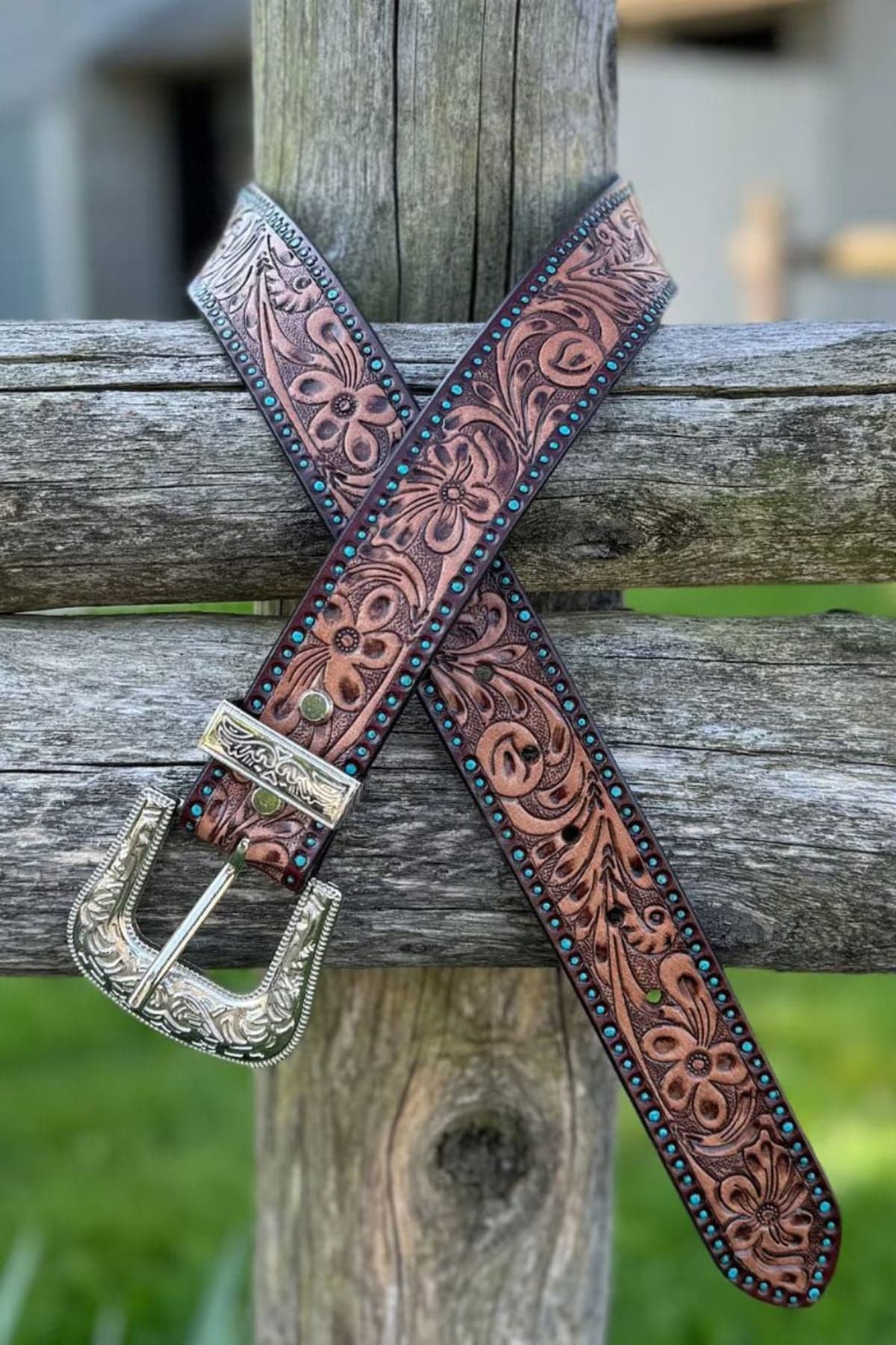 Boho Style Tooled Leather Belt with Antique Silver Buckle