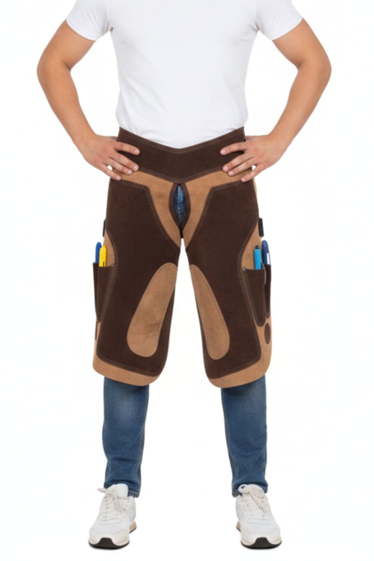 Brown Leather Farrier Chaps with Tool Pocket Design