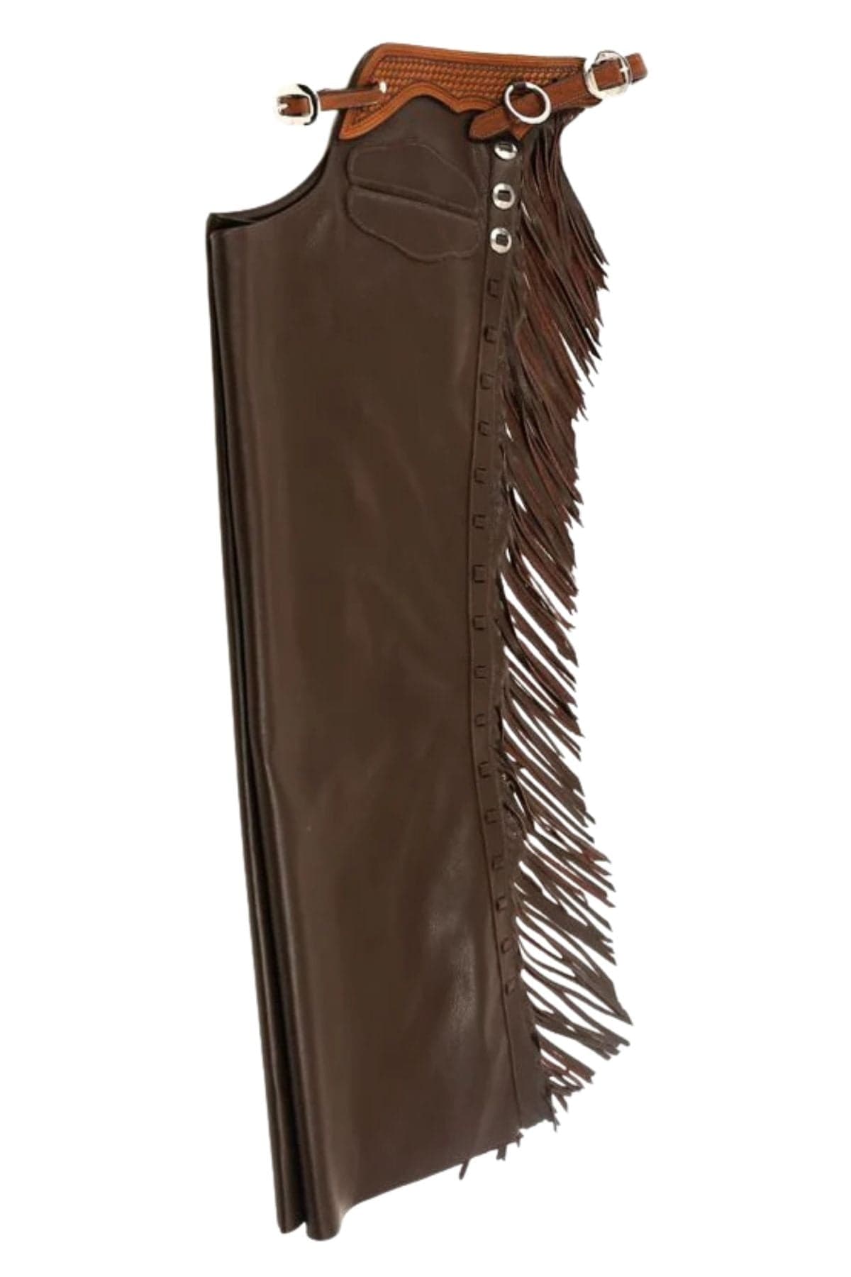 Brown Leather Shotgun Chaps with Traditional Fringe