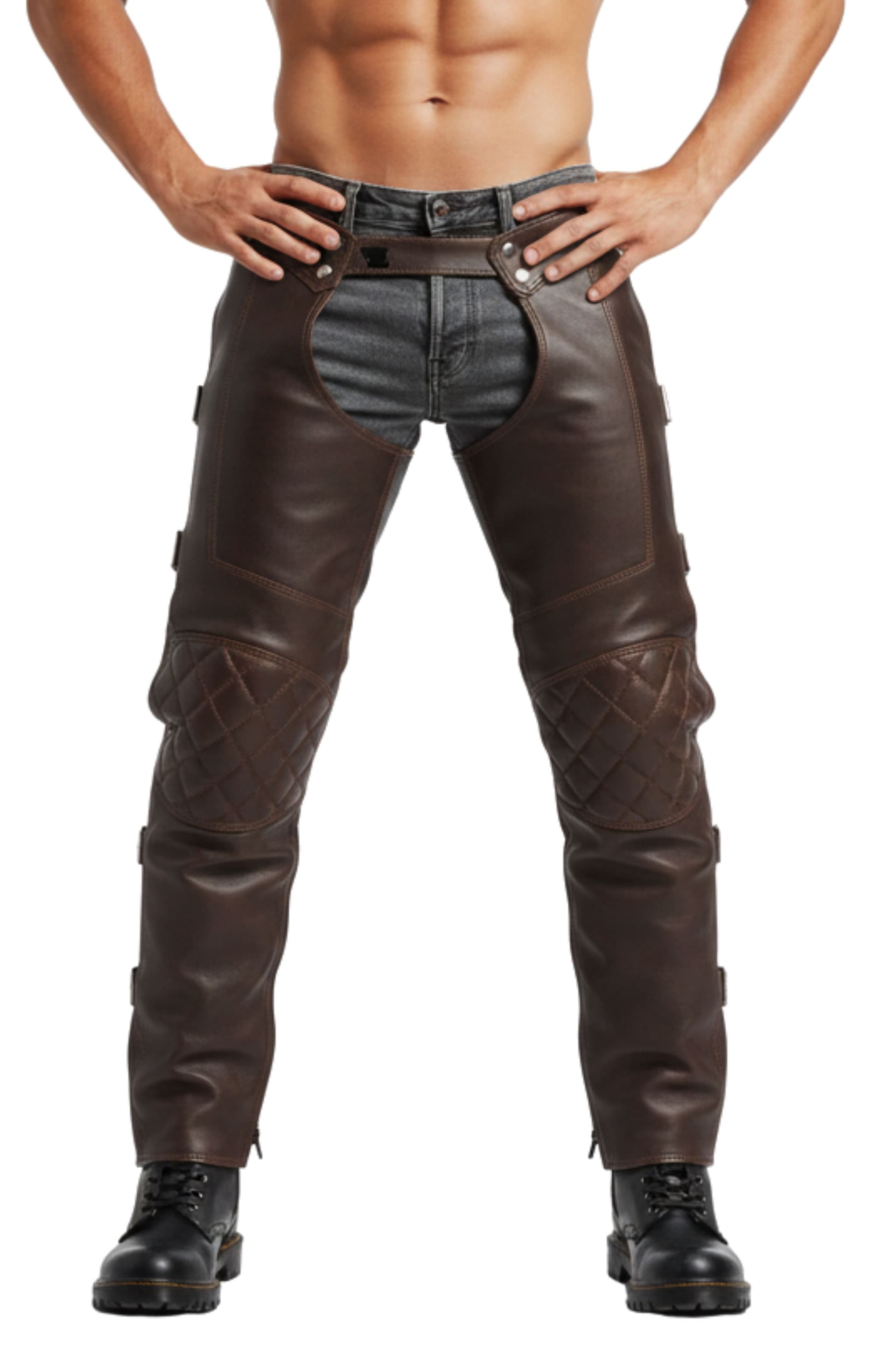 Classic Brown Leather Touring Chaps with Buckle