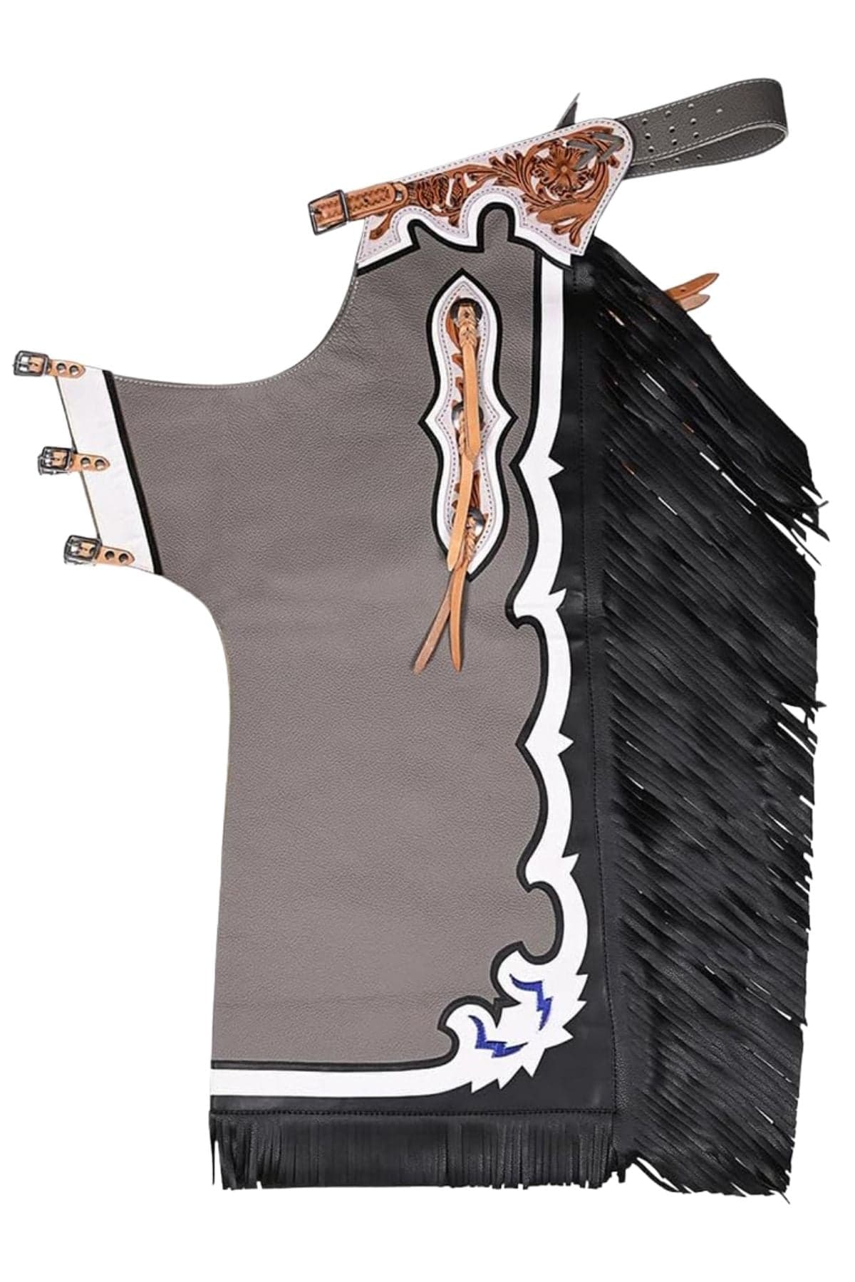 Gray Rodeo Leather Chaps With Black Fringe
