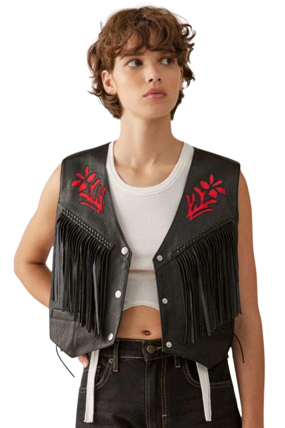 Leather Crop Vest With Fringes And Red Accents