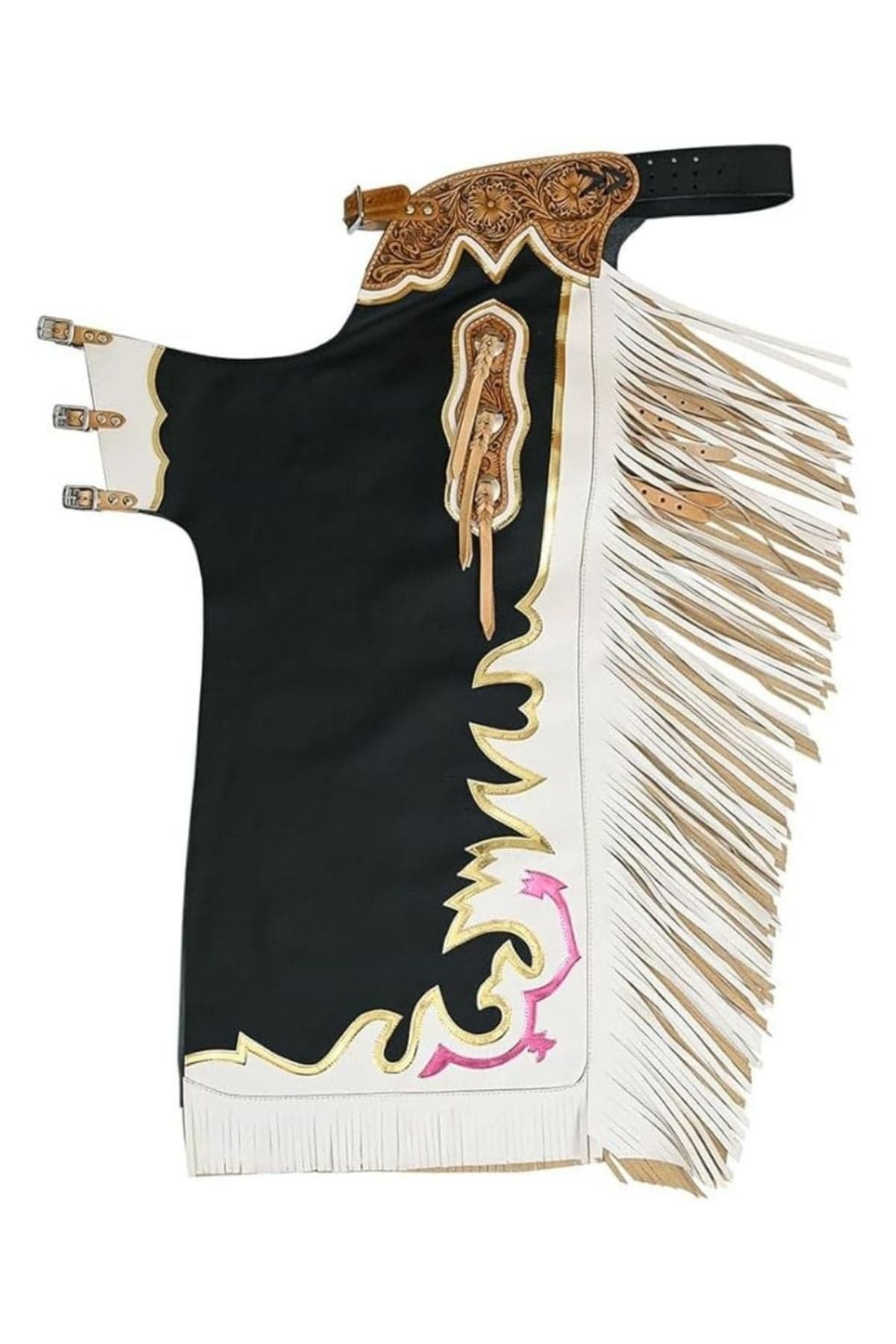 Luxury Rodeo Chaps Black Leather with Gold & White Fringe