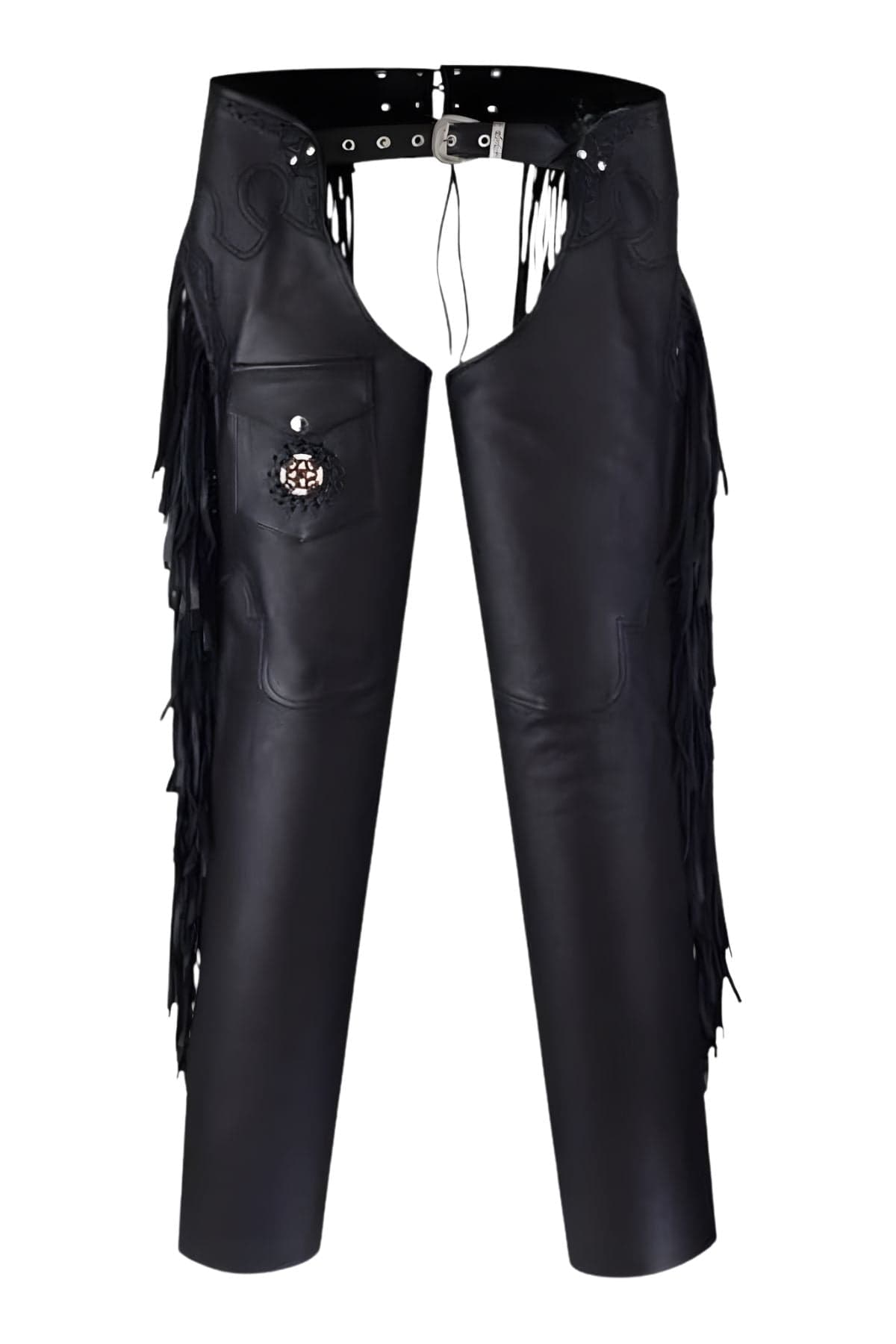 Modern Black Leather Chaps With Beads and Fringe