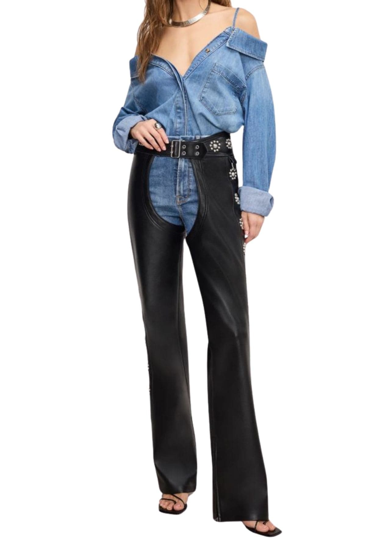 Premium Women Black Leather Studded Chaps