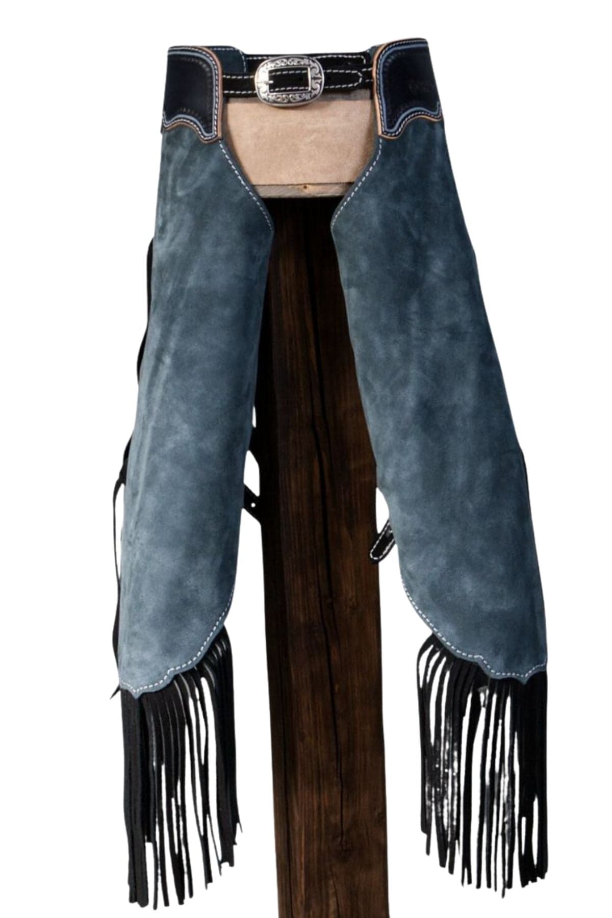 Stone Blue Suede Western Chinks With Black Fringe