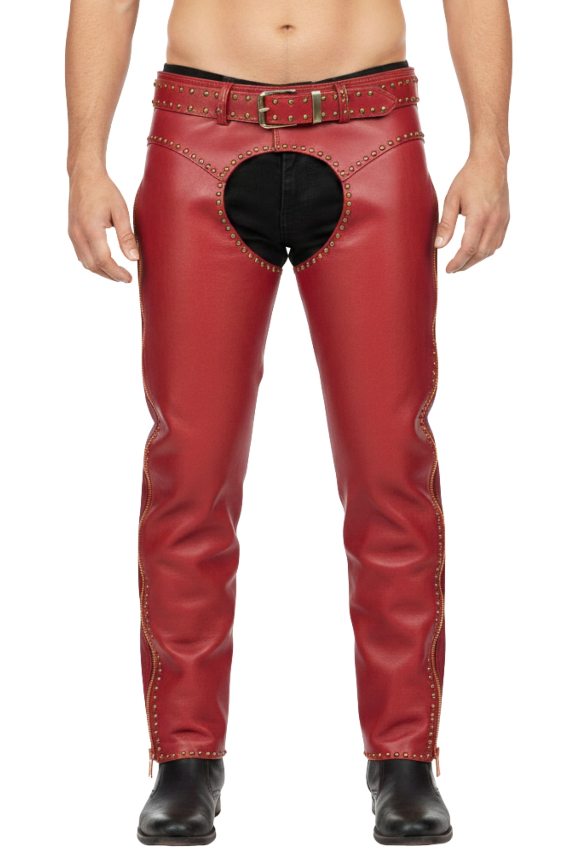 Studded Red Leather Touring Chaps for Biker