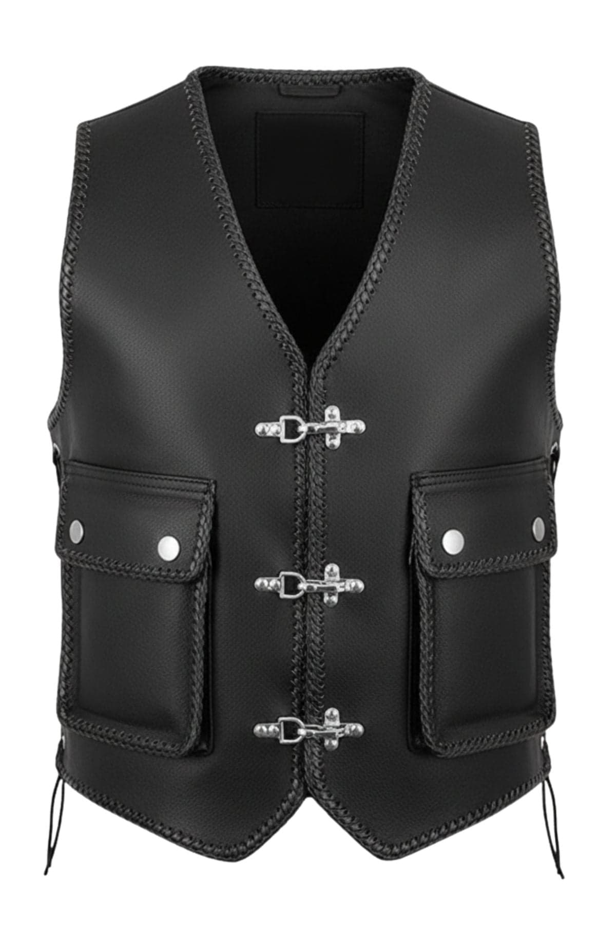 Traditional Vintage Leather Vest With Snap Pockets