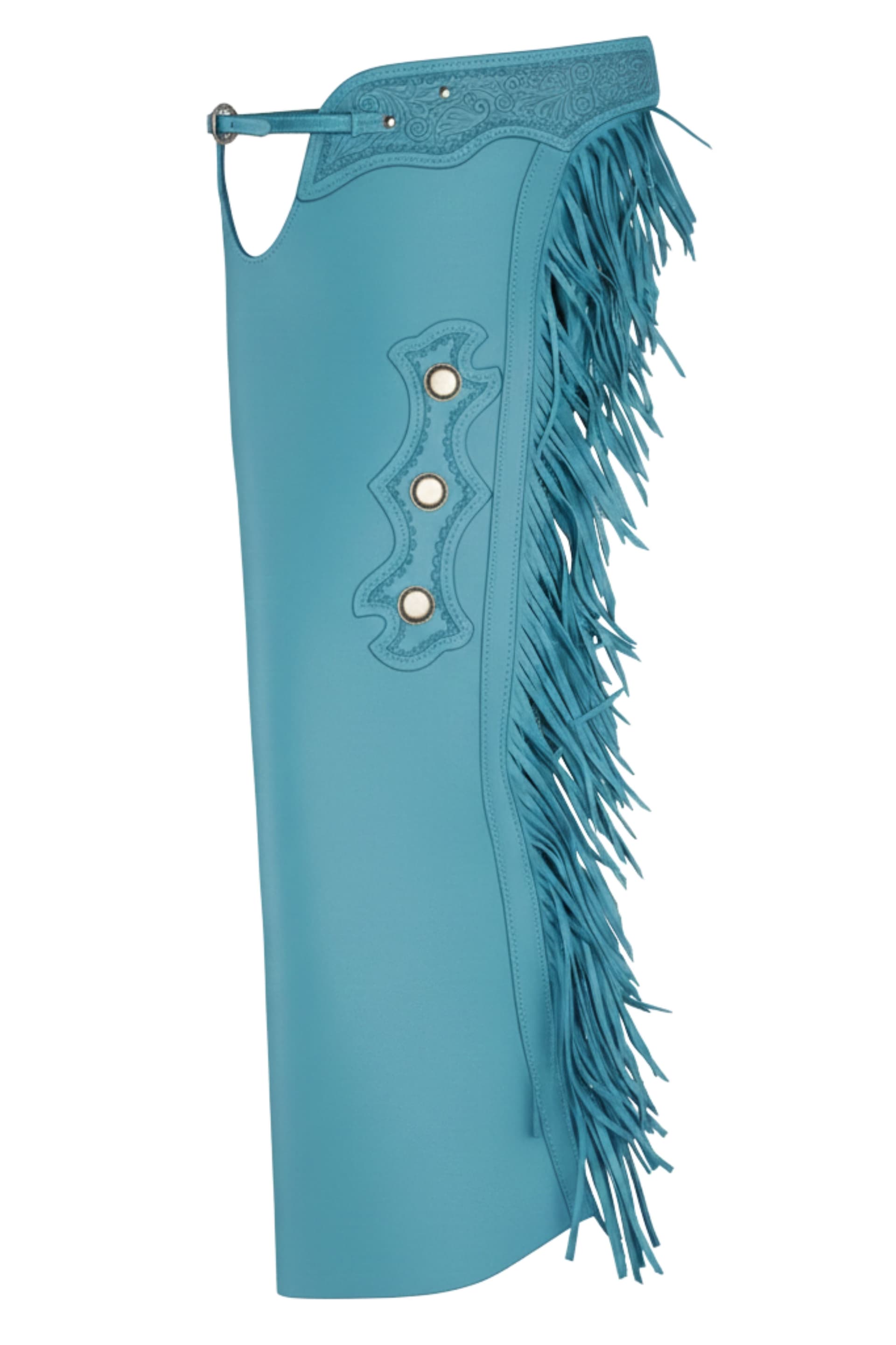 Turquoise Shotgun Chaps with Tooled Yoke