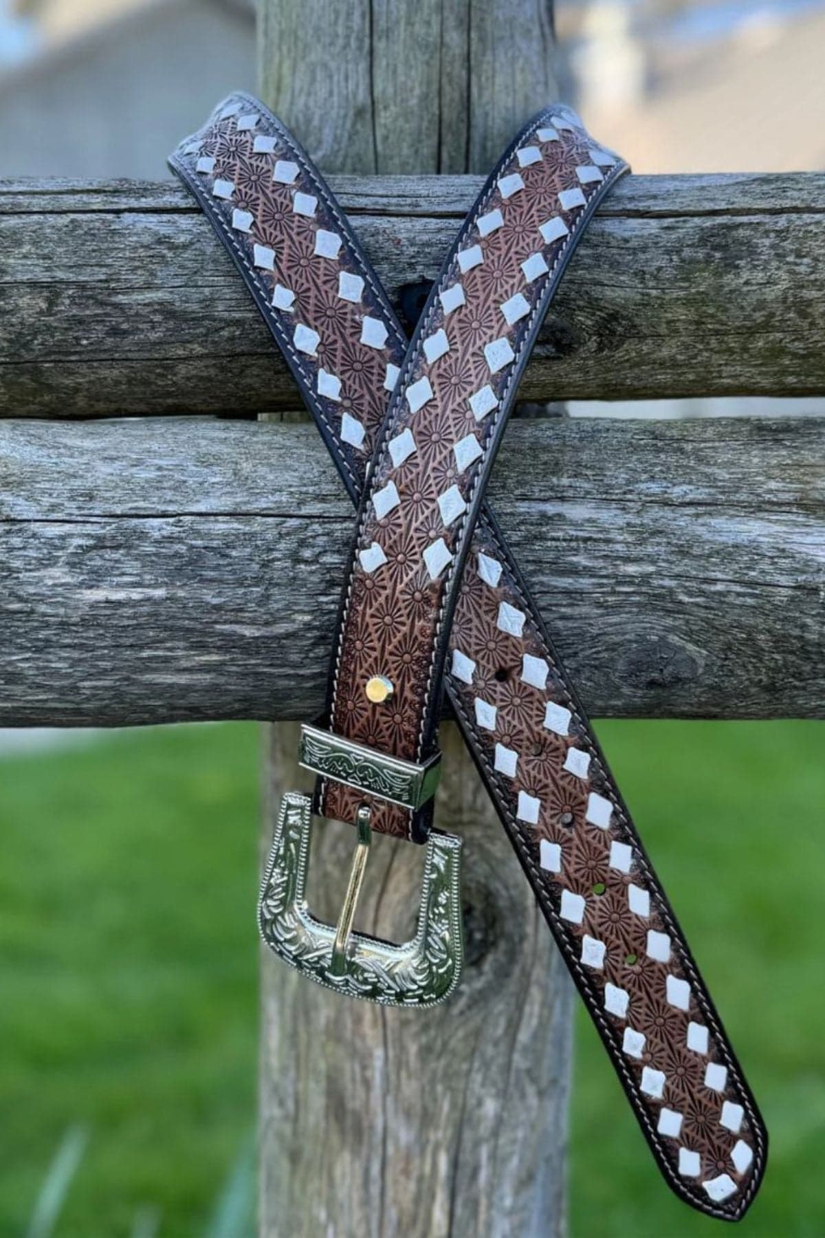 Western Tooled Brown Belt with White Diamond Weaving