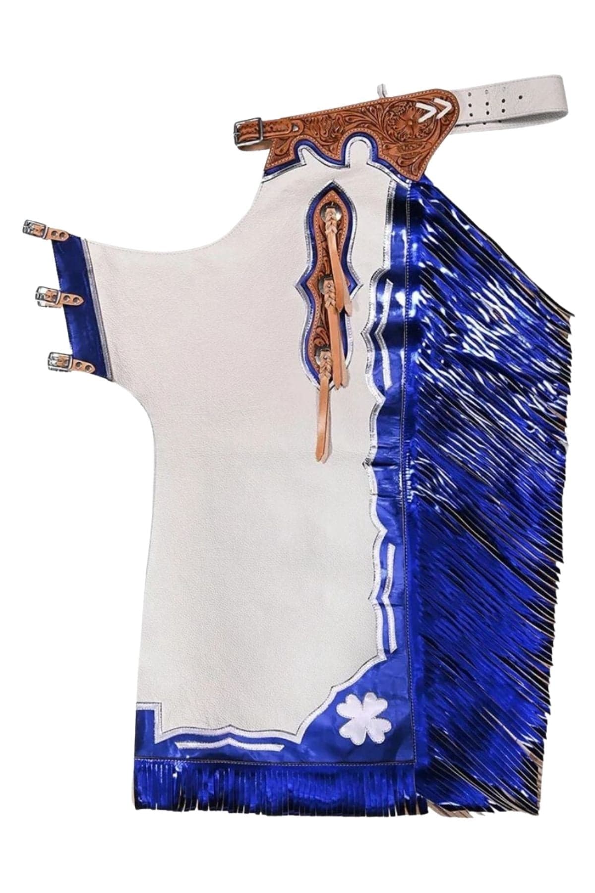 White & Blue Rodeo Chaps Metallic Fringe Western Gear