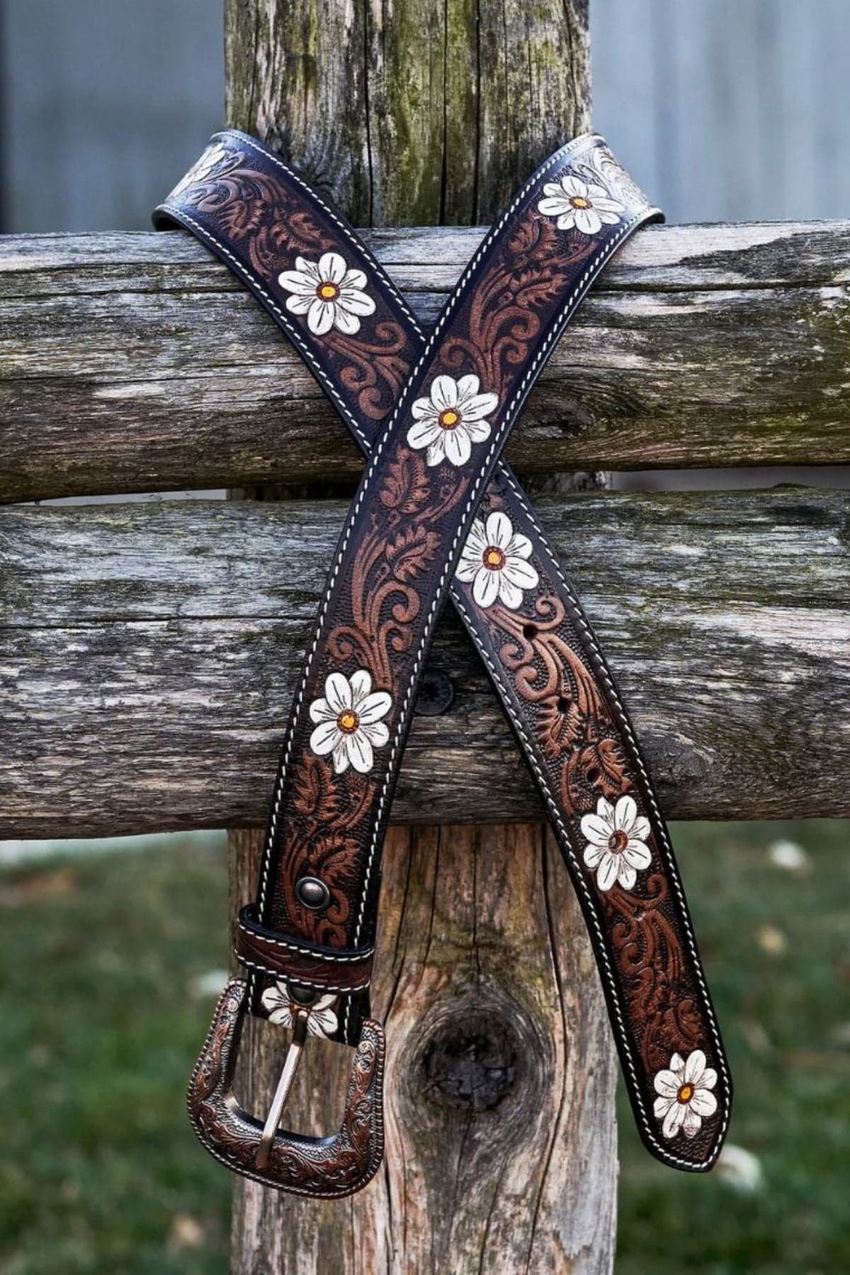 White Flower Hand Tooled Leather Western Belt