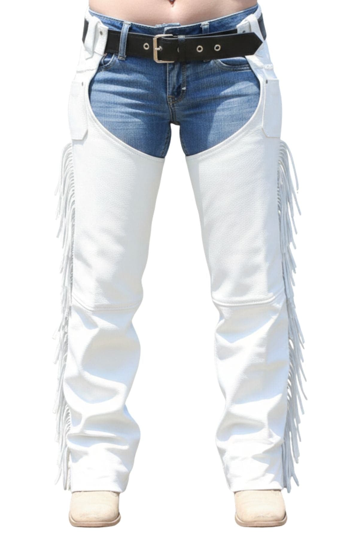 White leather Chaps For Men With Fringes