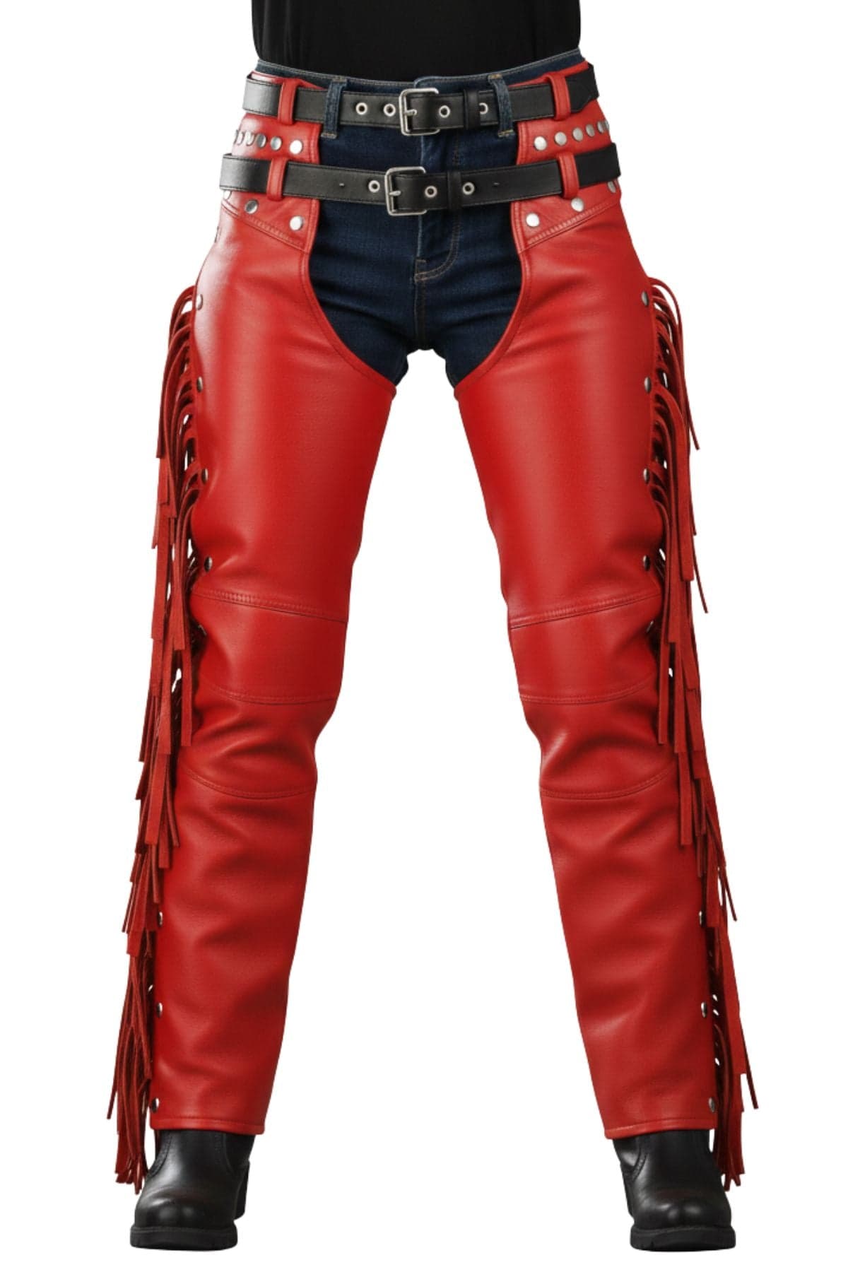 Women Leather Chaps With Dual Belt And Fringes Look