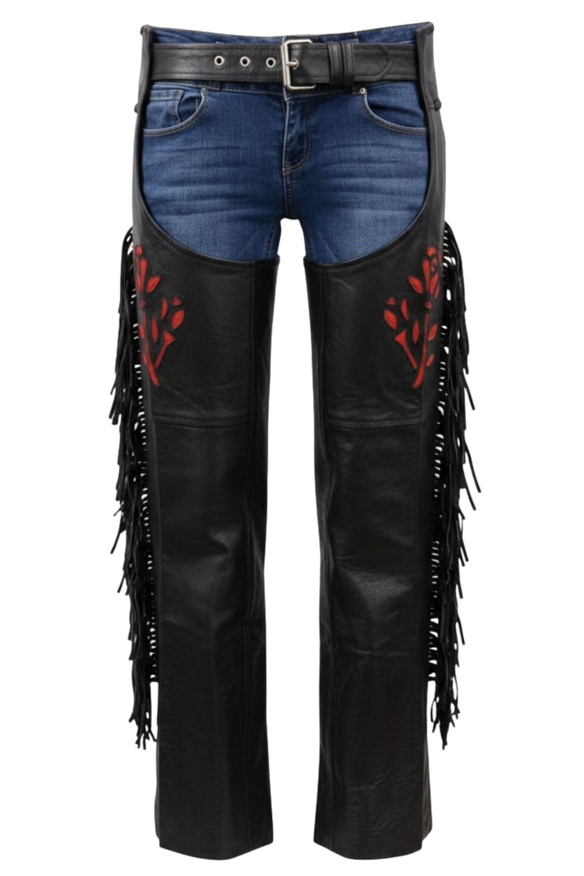 Womens Red Rose Black Leather Chaps